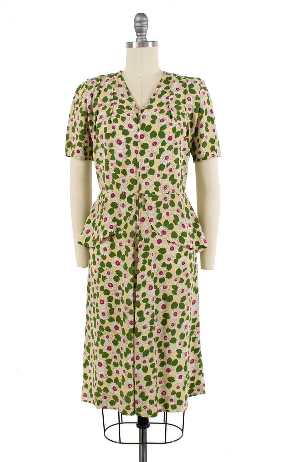 1940s Daisy Print Rayon Peplum Zip Front Dress
