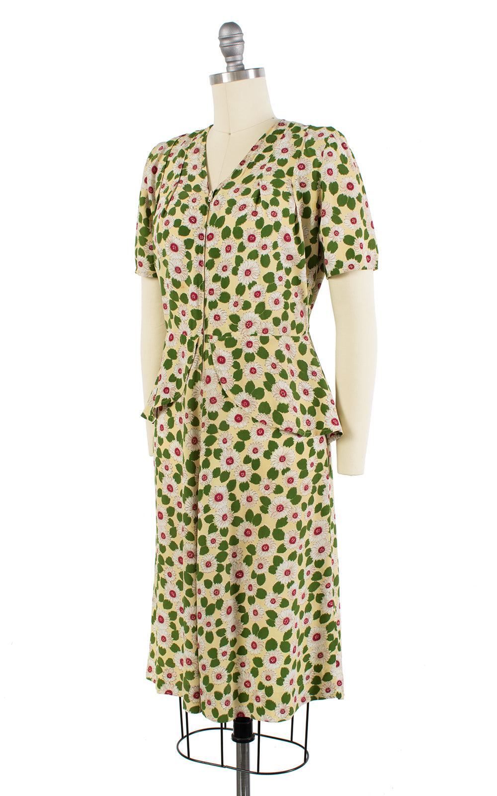 1940s Daisy Print Rayon Peplum Zip Front Dress