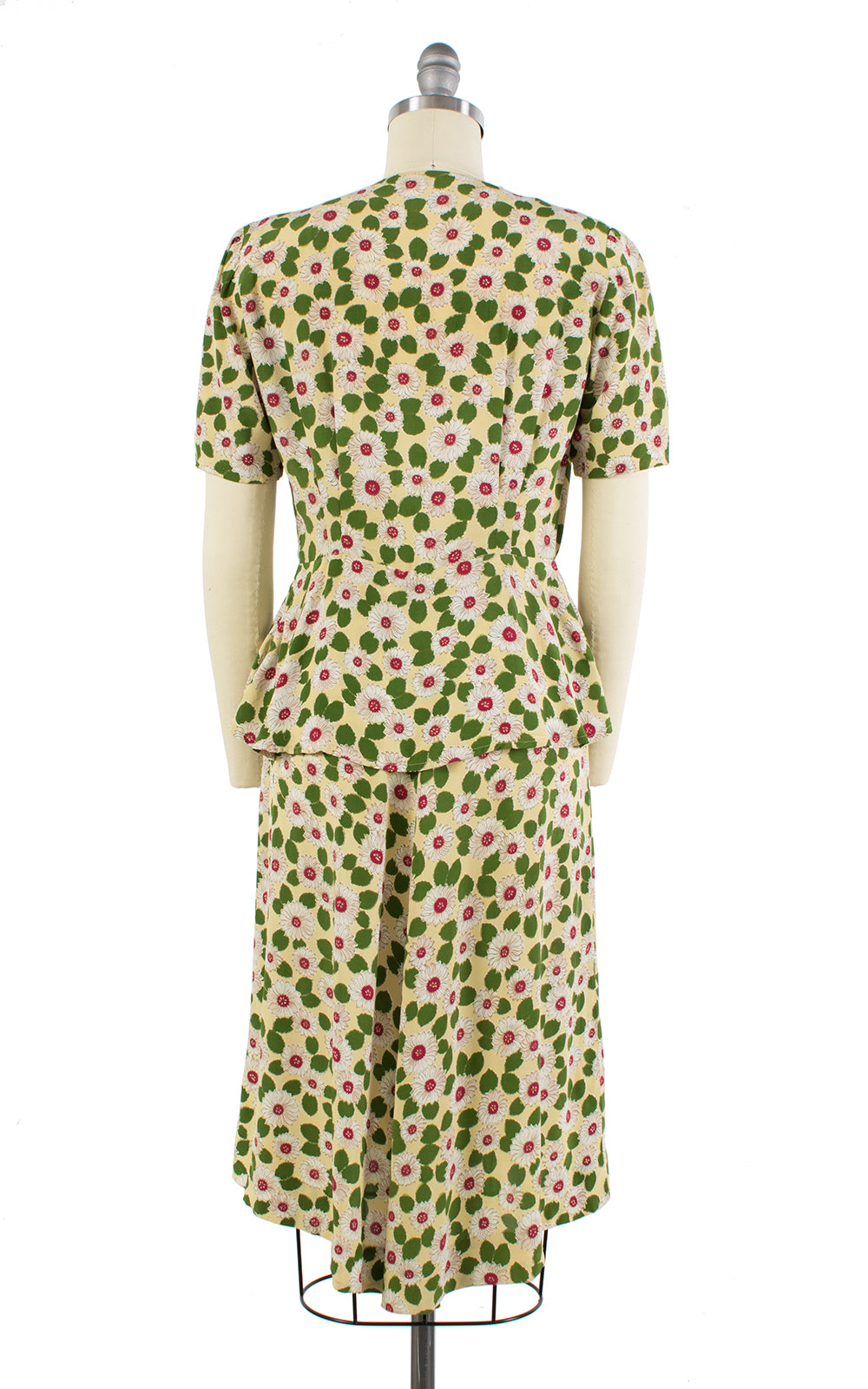 1940s Daisy Print Rayon Peplum Zip Front Dress