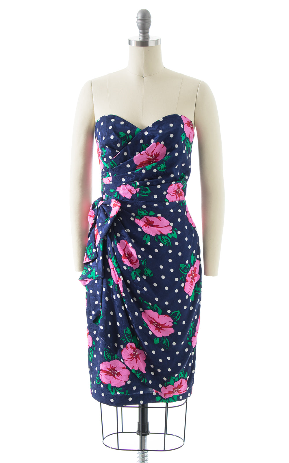 1980s Floral Polka Dot Silk Sarong Dress