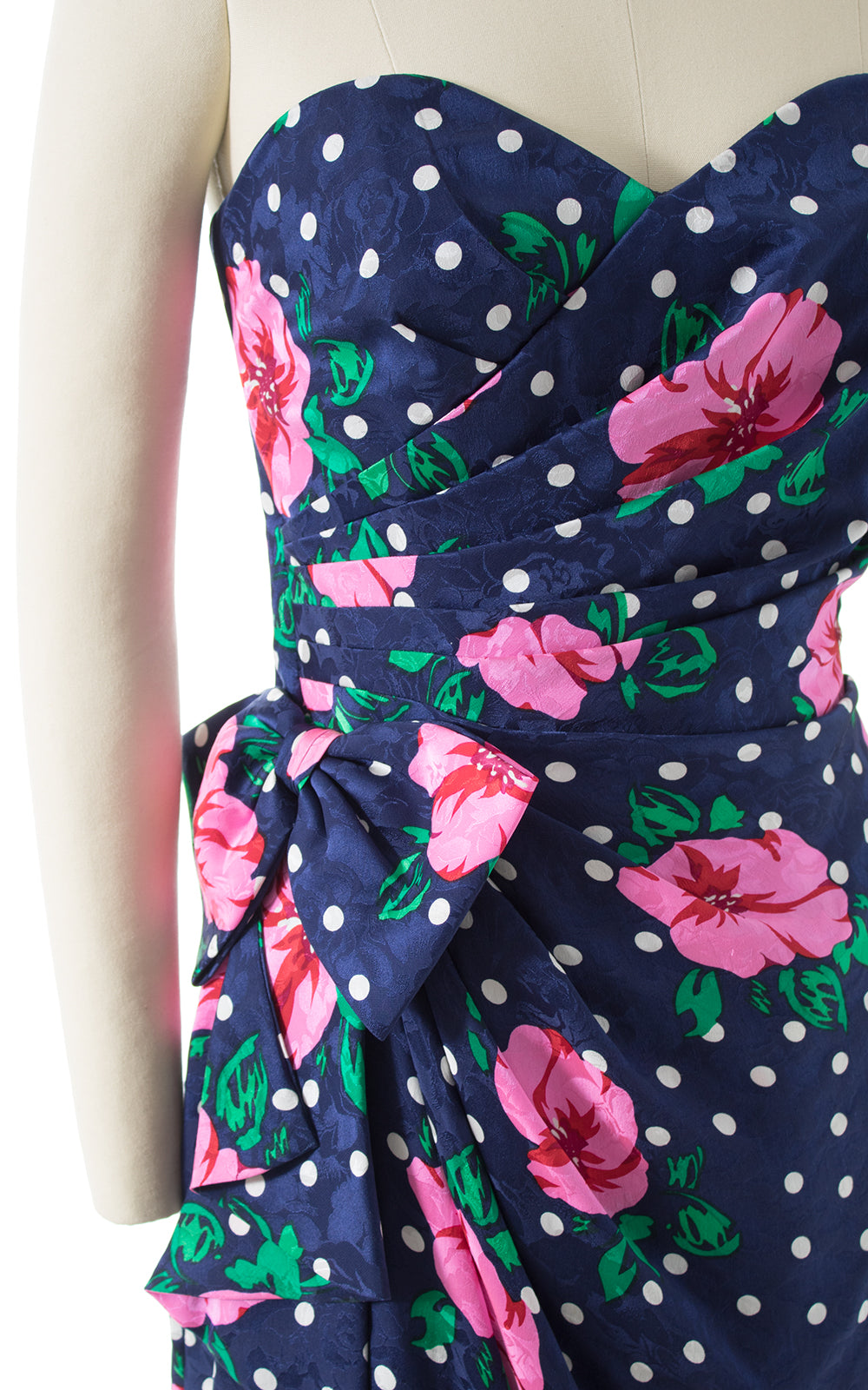 1980s Floral Polka Dot Silk Sarong Dress