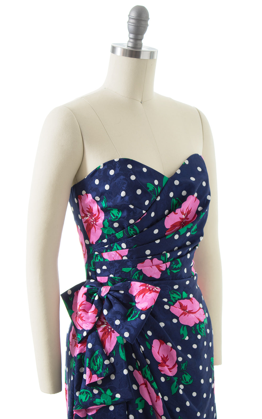 1980s Floral Polka Dot Silk Sarong Dress