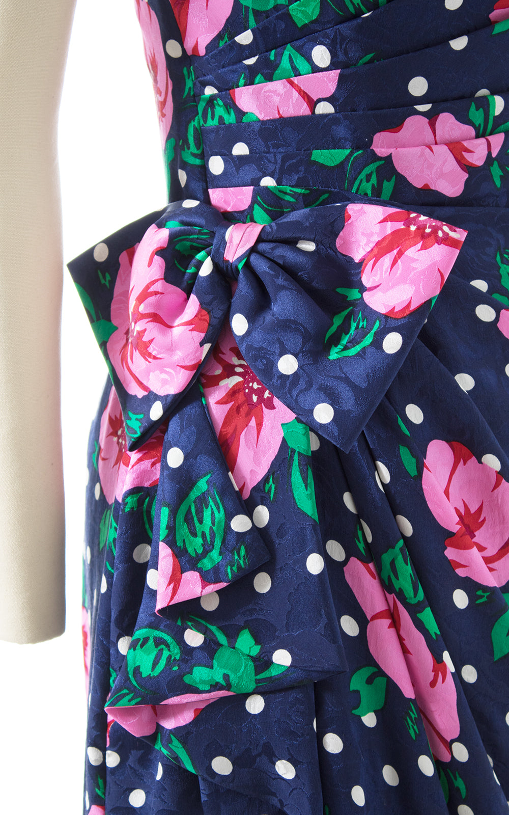 1980s Floral Polka Dot Silk Sarong Dress