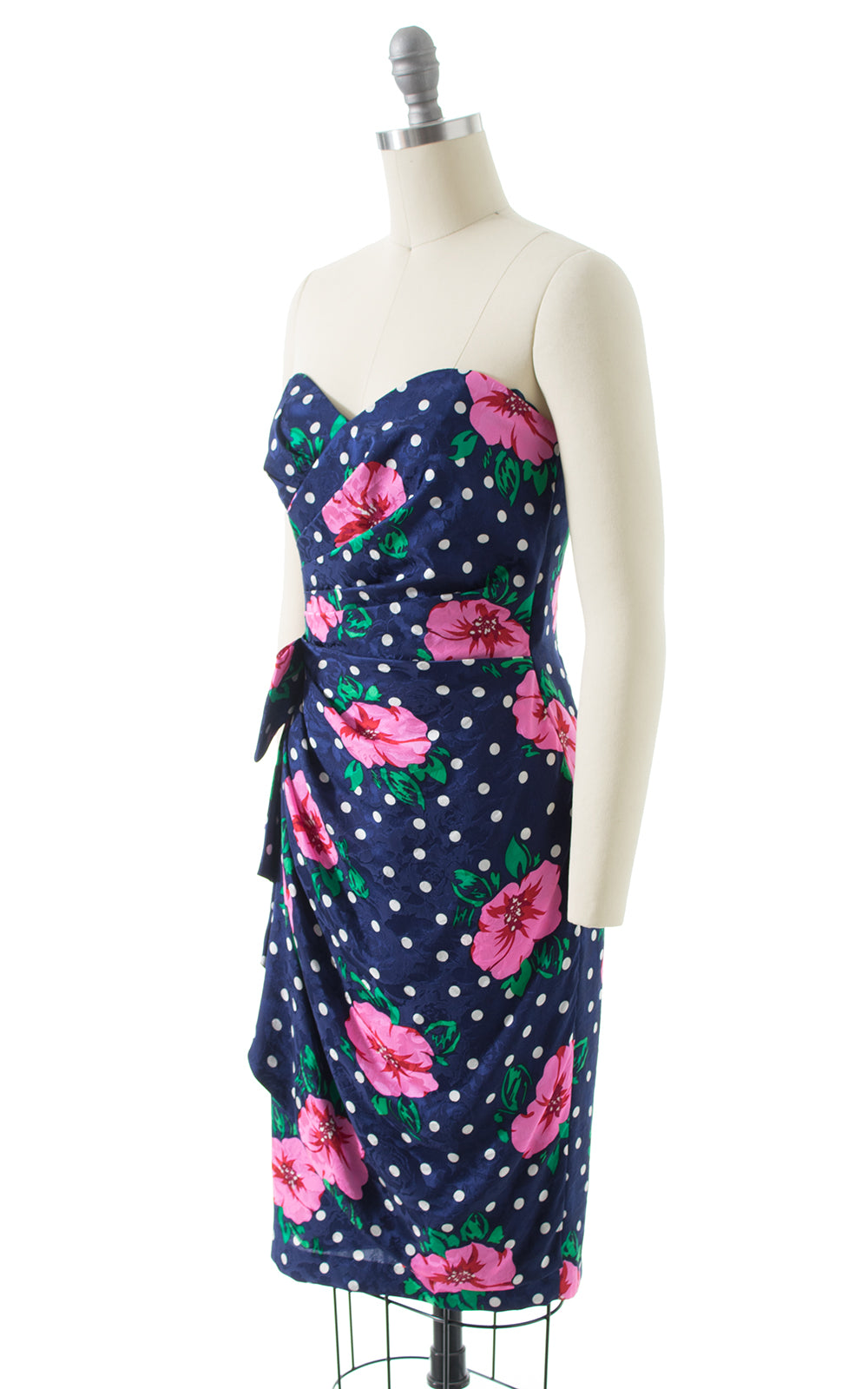 1980s Floral Polka Dot Silk Sarong Dress