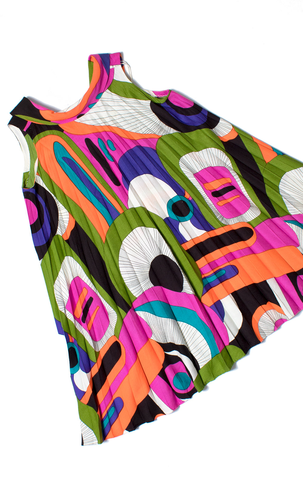 1960s Psychedelic Barkcloth Pleated Trapeze Dress