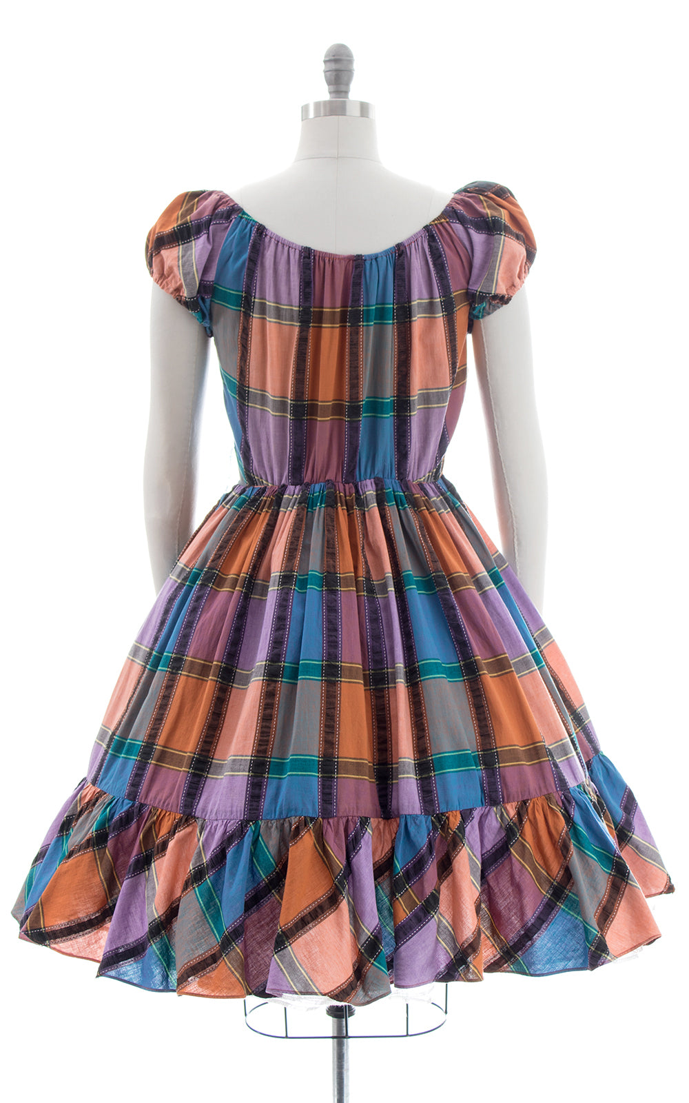 1970s Plaid Cotton On-Off Shoulder Peasant Dress