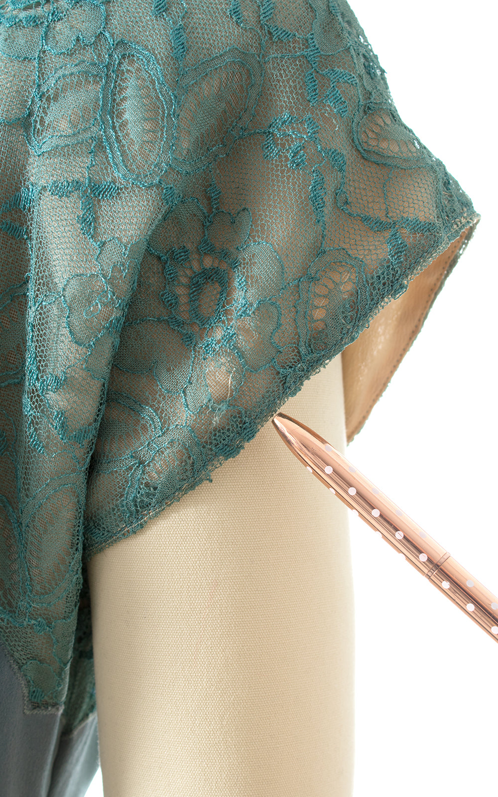 1940s Teal Rayon & Lace Peplum Cocktail Dress
