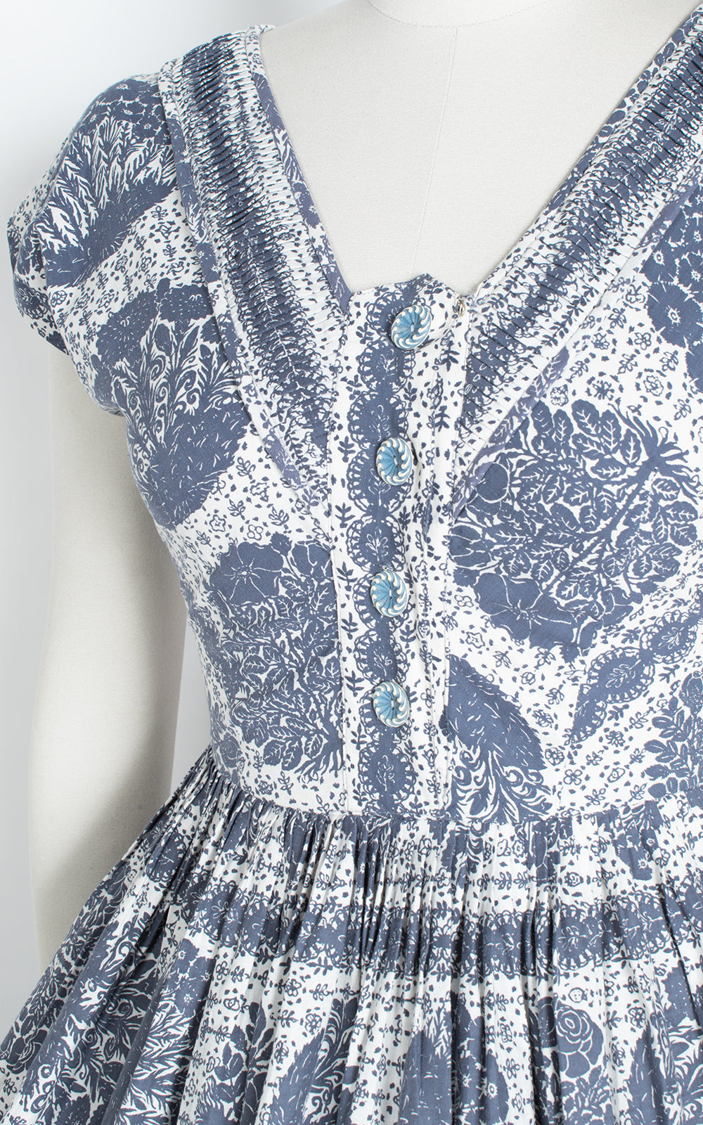 1950s Floral Illustrated Cotton Shirtwaist Dress