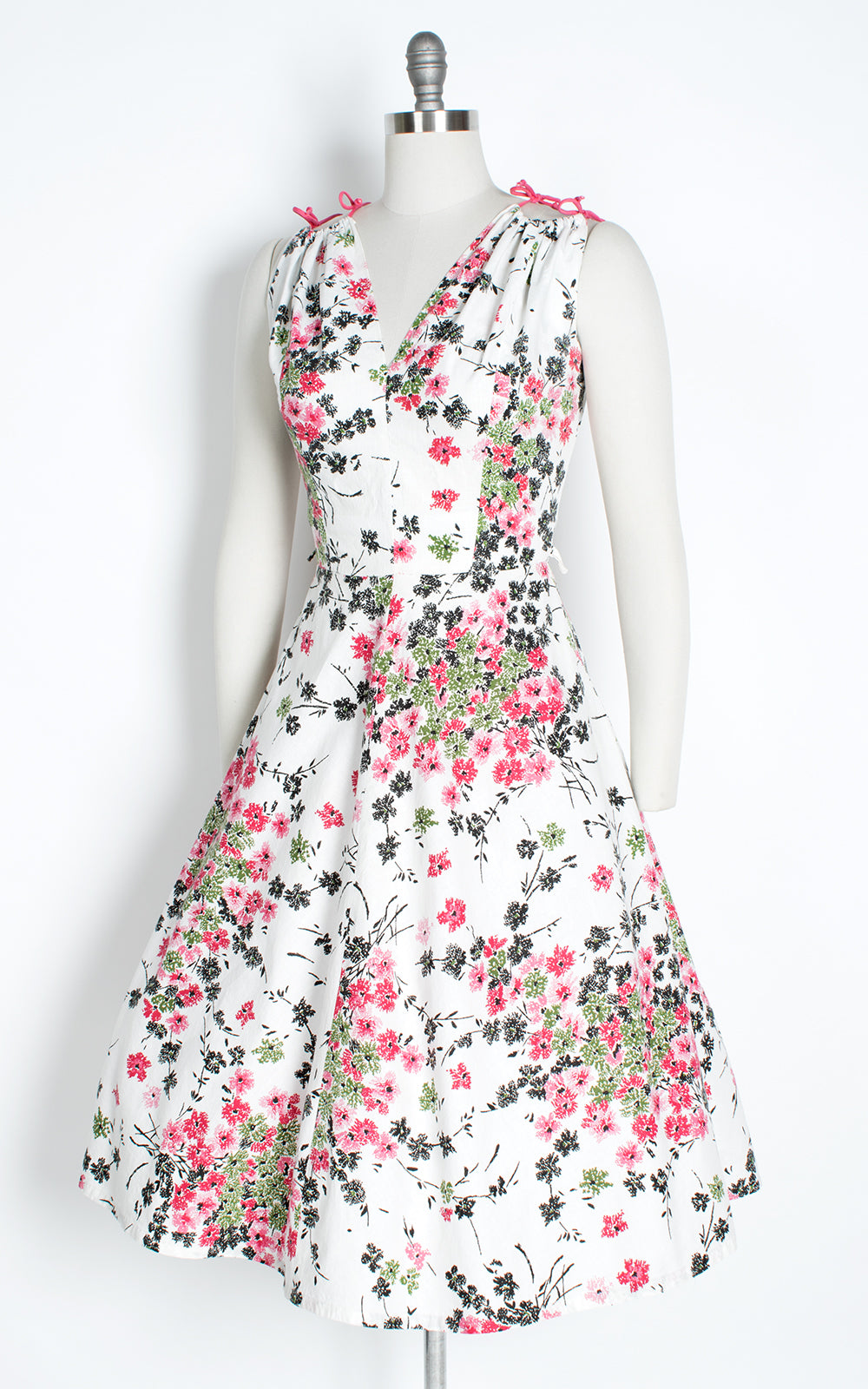 1950s Tie Straps Floral White Cotton Sundress
