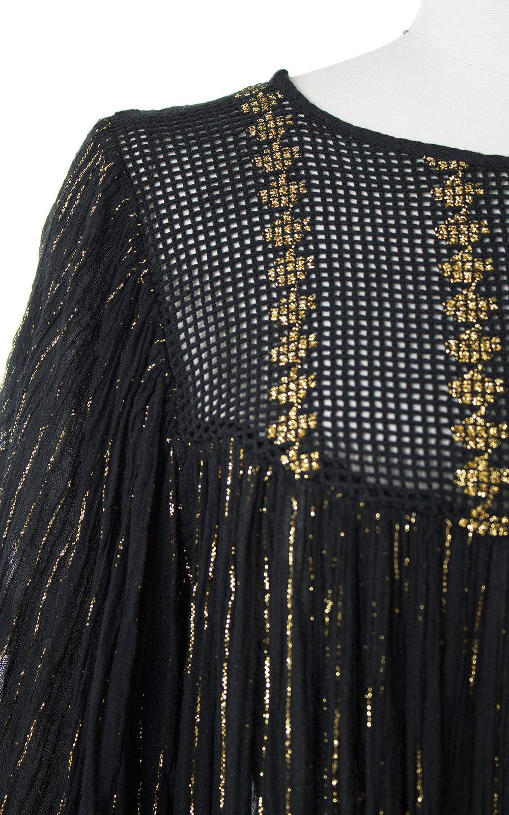 1970s Gold Striped Sheer Black Cotton Gauze Maxi Dress