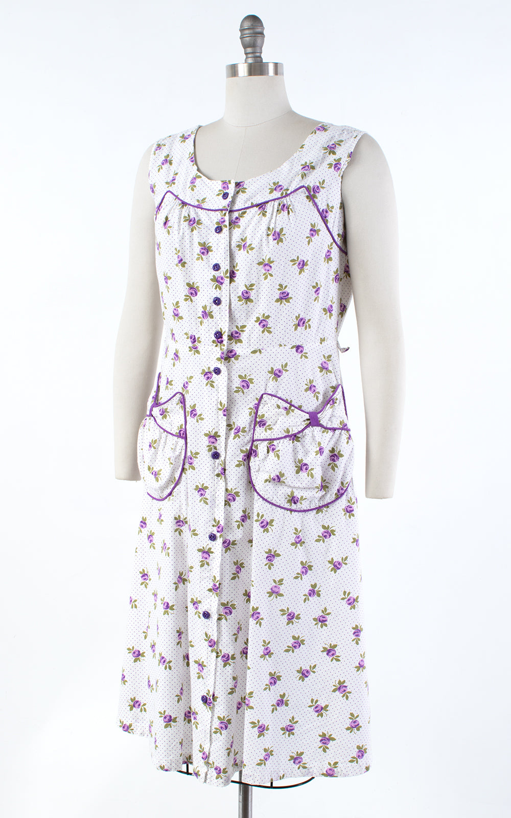 1940s Purple Rose Polka Dot Shirtwaist Sundress with Pockets