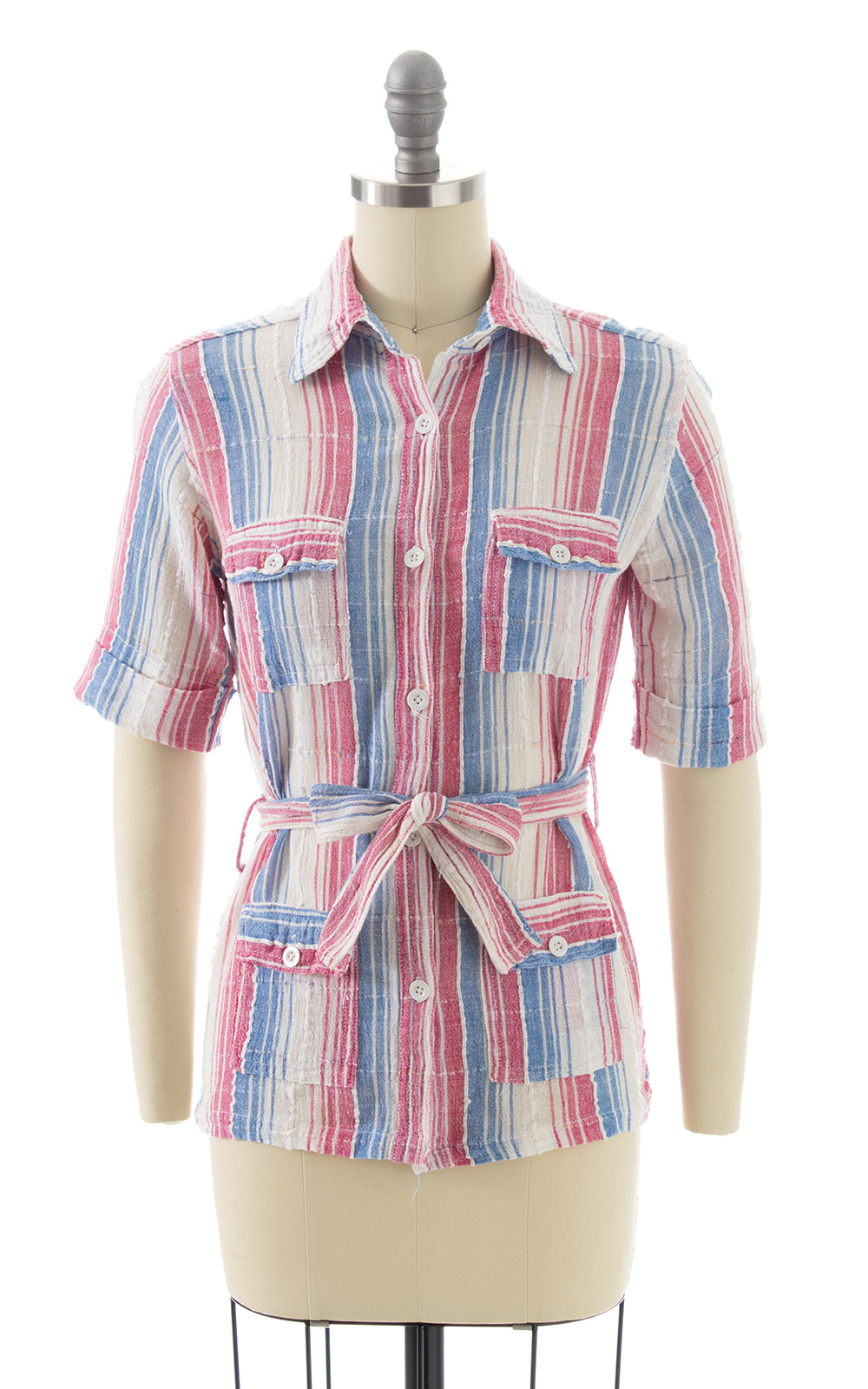 1970s Striped Cotton Gauze Belted Blouse