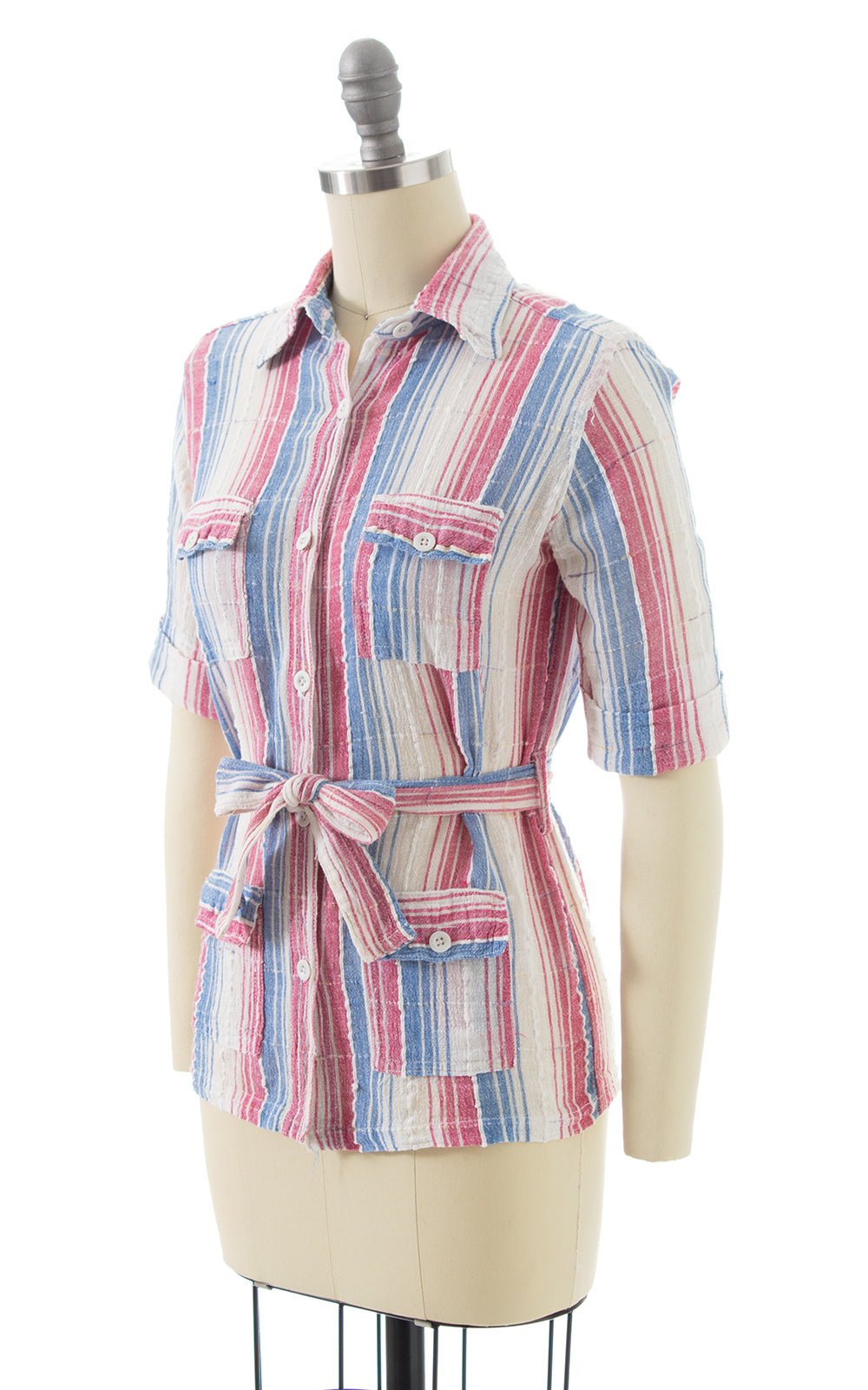 1970s Striped Cotton Gauze Belted Blouse
