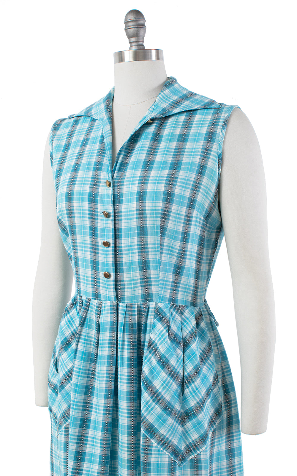 1960s Blue Plaid Cotton Shirtwaist Sundress with Pockets
