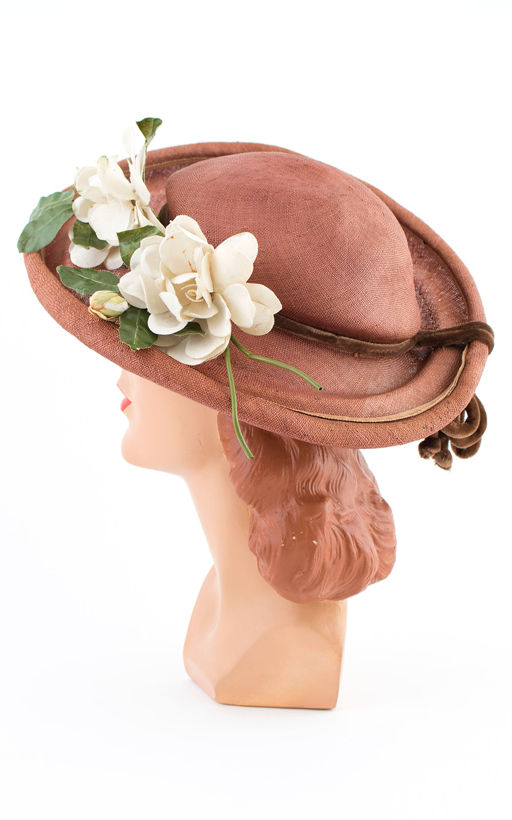 1950s White Floral & Brown Woven Sun Hat