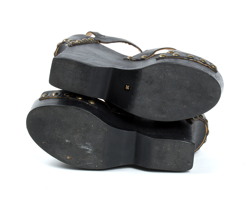 1970s Studded Black Wood Platform Sandals
