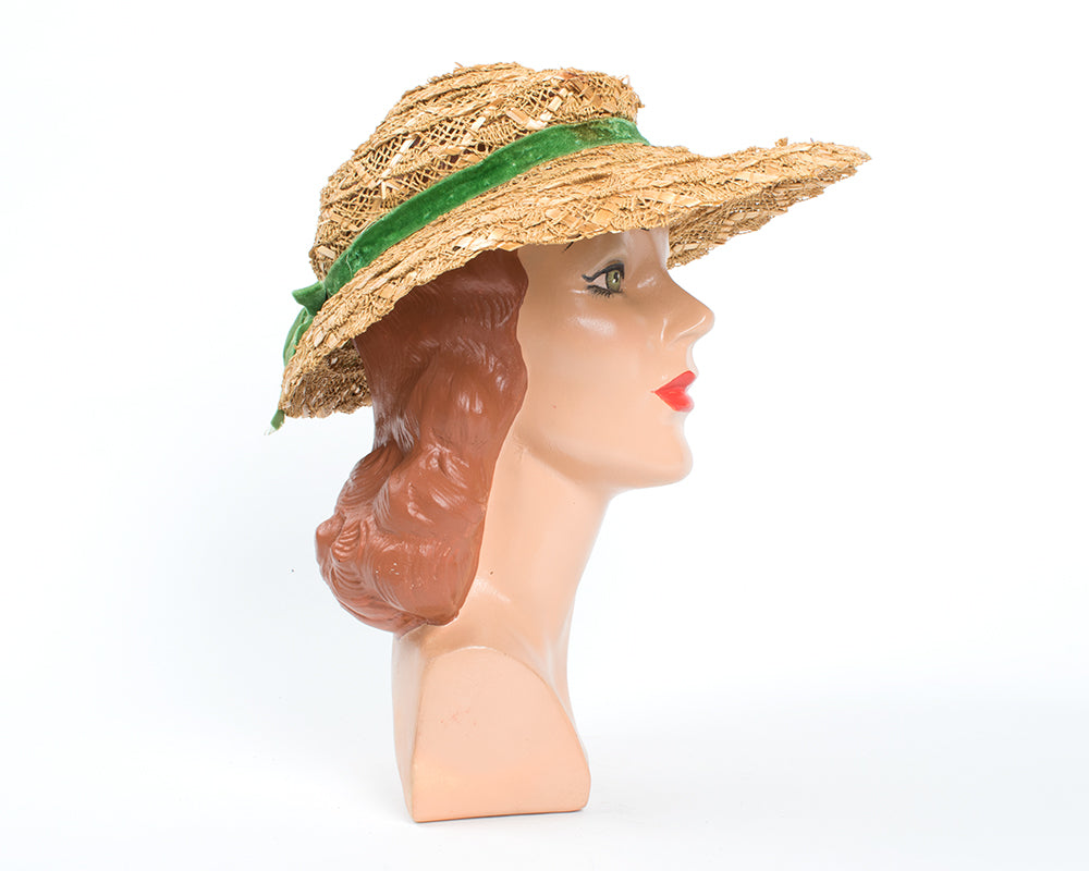 1950s Straw Sun Hat with Velvet Ribbon