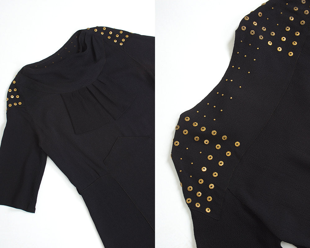 Vintage 1930s Dress | 30s Studded Black Rayon Crepe Evening Cocktail Wiggle Dress (small)