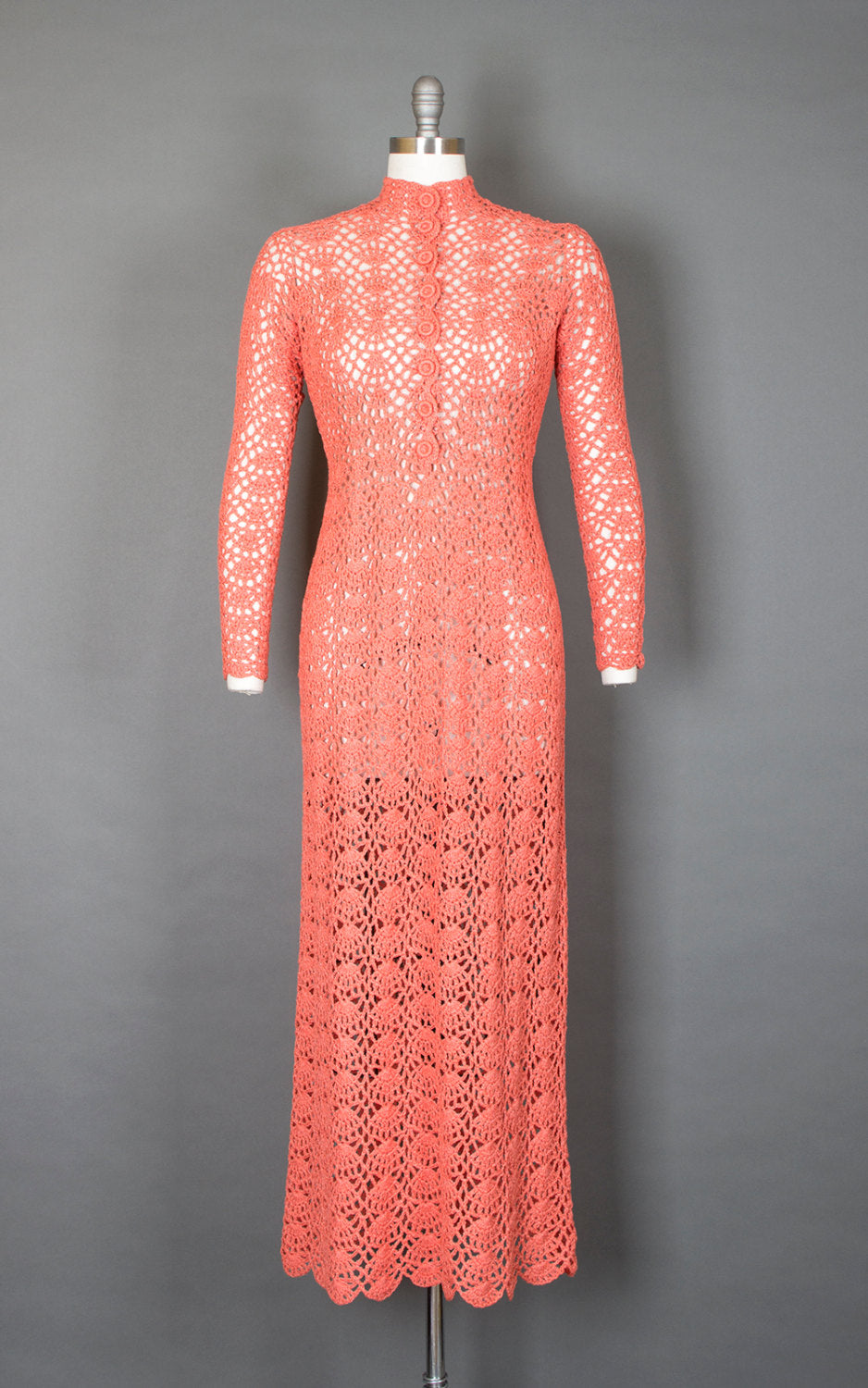 1970s Peach Crochet Maxi Sweater Dress | small/medium Birthday Life Vintage 1970s Peach Crochet Maxi Sweater Dress | small/medium Birthday Life Vintage