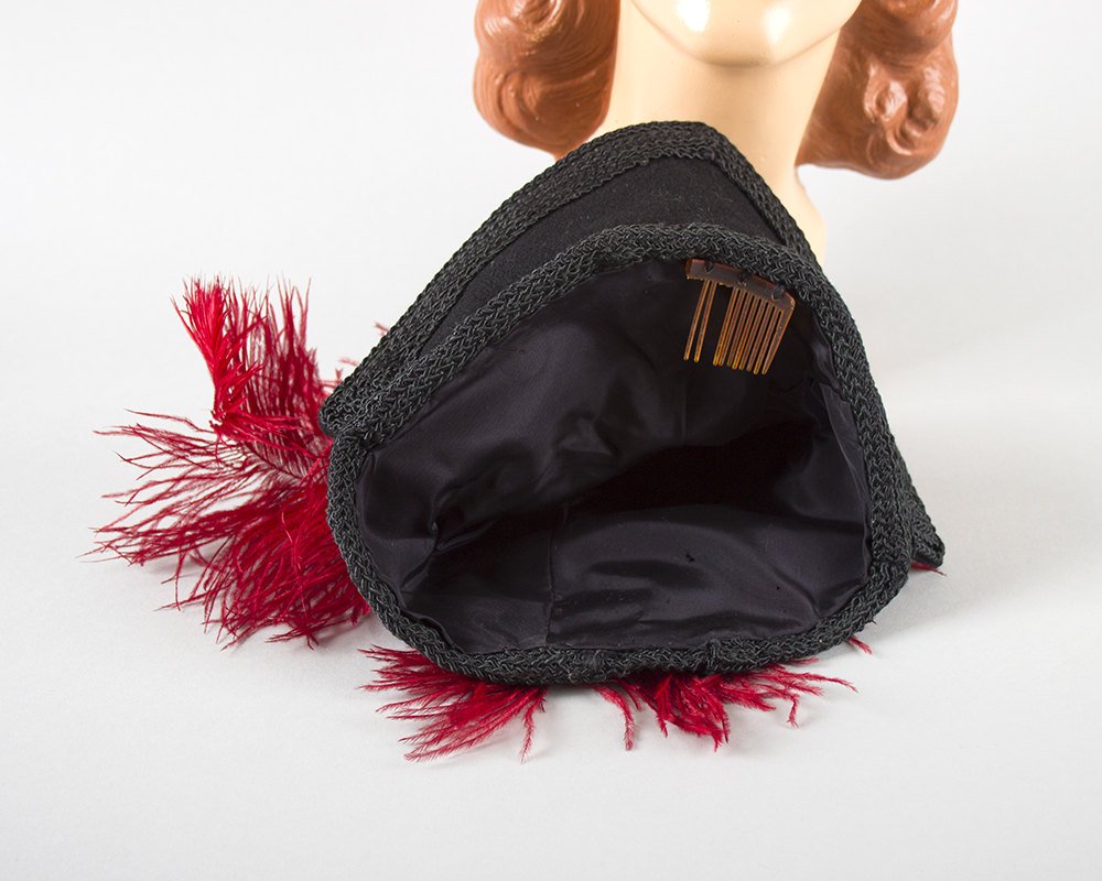 Vintage 1940s Hat | 40s Ostrich Feather Black Wool Felt Tilt Hat Red Plumage Formal Cocktail Hat