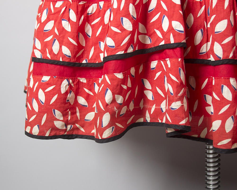 Vintage 1940s Dress | 40s Spanish Flamenco Dance Costume Red Cotton Black Fringe Novelty Print Tiered Circle Skirt Dress (medium)