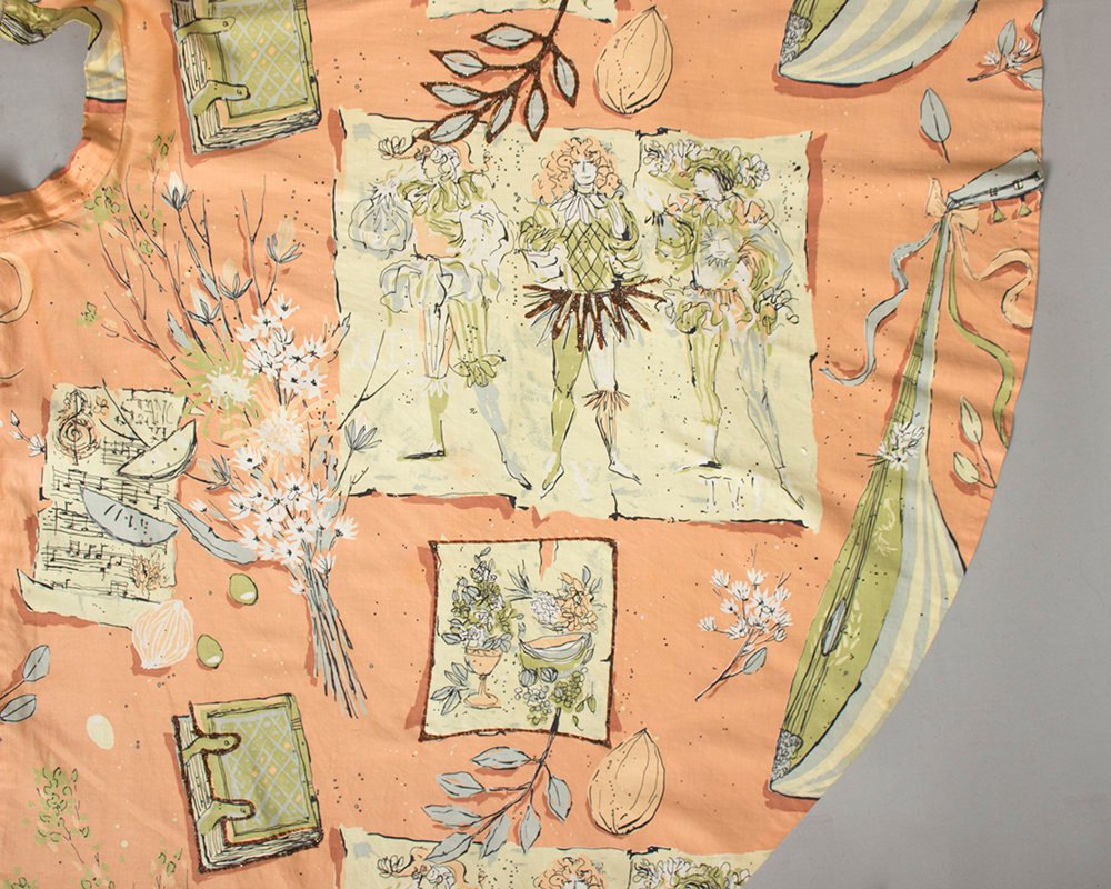 Vintage 1950s Circle Skirt | 50s Novelty Print Cotton Floral Music Guitar Books Peach Glitter Skirt (small)