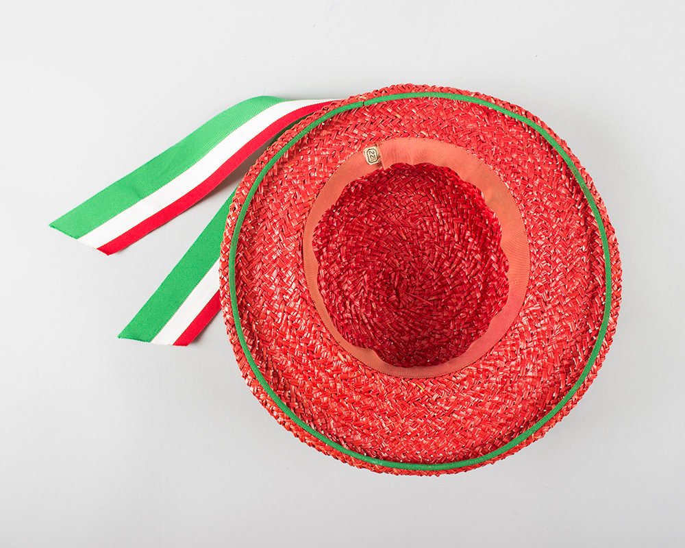 Vintage 1940s Hat | 40s Red Woven Straw Sun Hat Striped Ribbon Mexican Italian Summer Boater Hat (small)