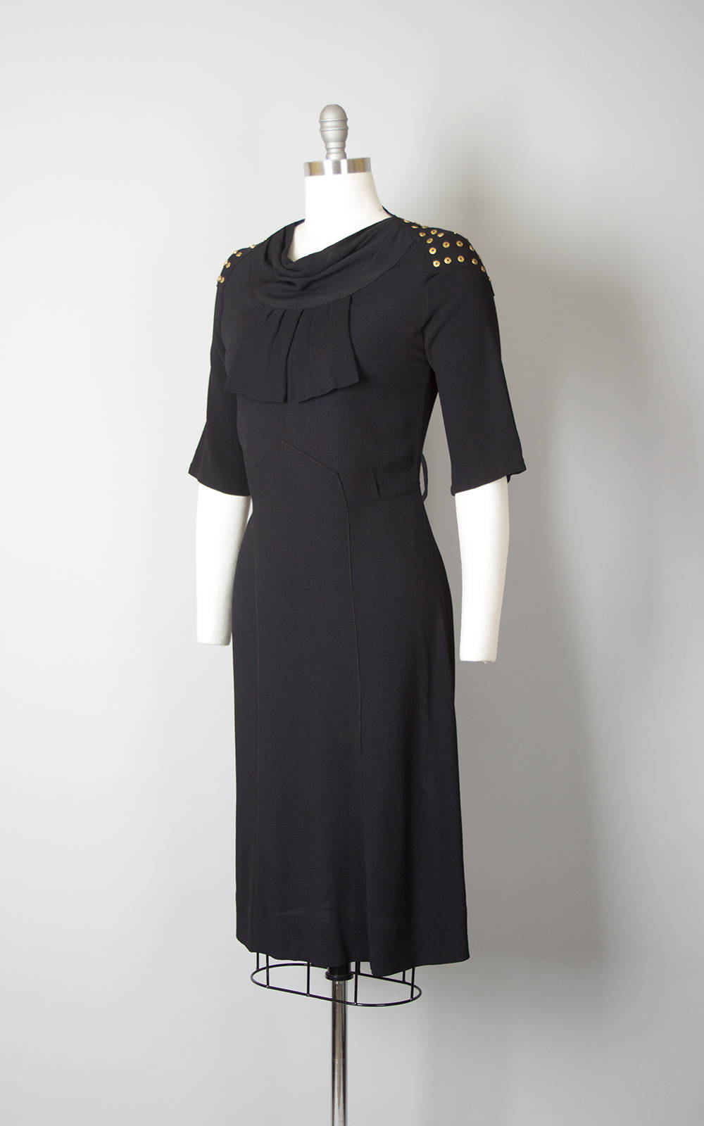 1930s Brass Studded Black Rayon Crepe Cocktail Dress | small Birthday Life Vintage 1930s Brass Studded Black Rayon Crepe Cocktail Dress | small Birthday Life Vintage