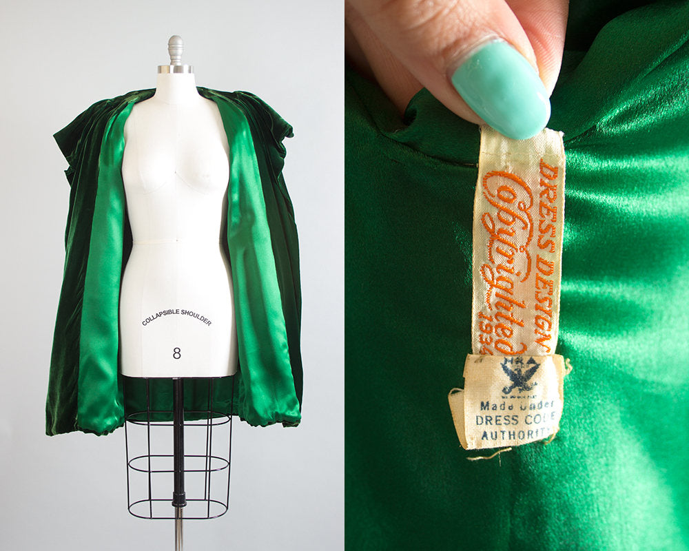 Vintage 1930s Coat | 30s Silk Velvet Dark Green Opera Cloak Ruffled Collar Draped Sleeves Evening Jacket (small/medium)