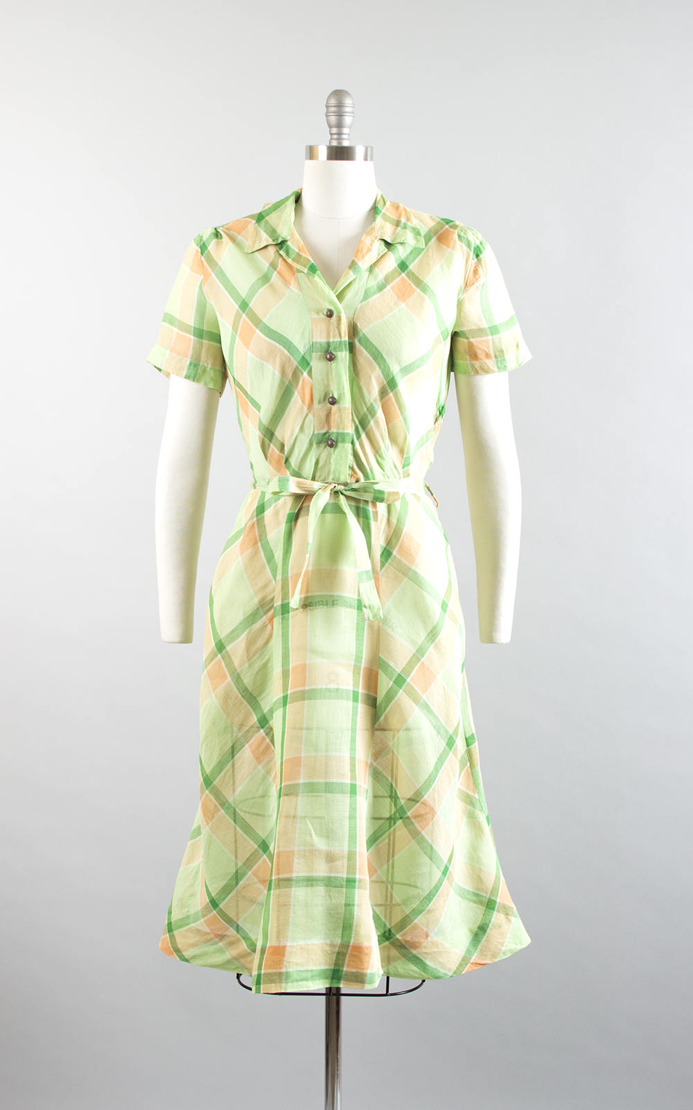 1940s Plaid Sheer Organza Green Shirt Dress 1940s Plaid Sheer Organza Green Shirt Dress
