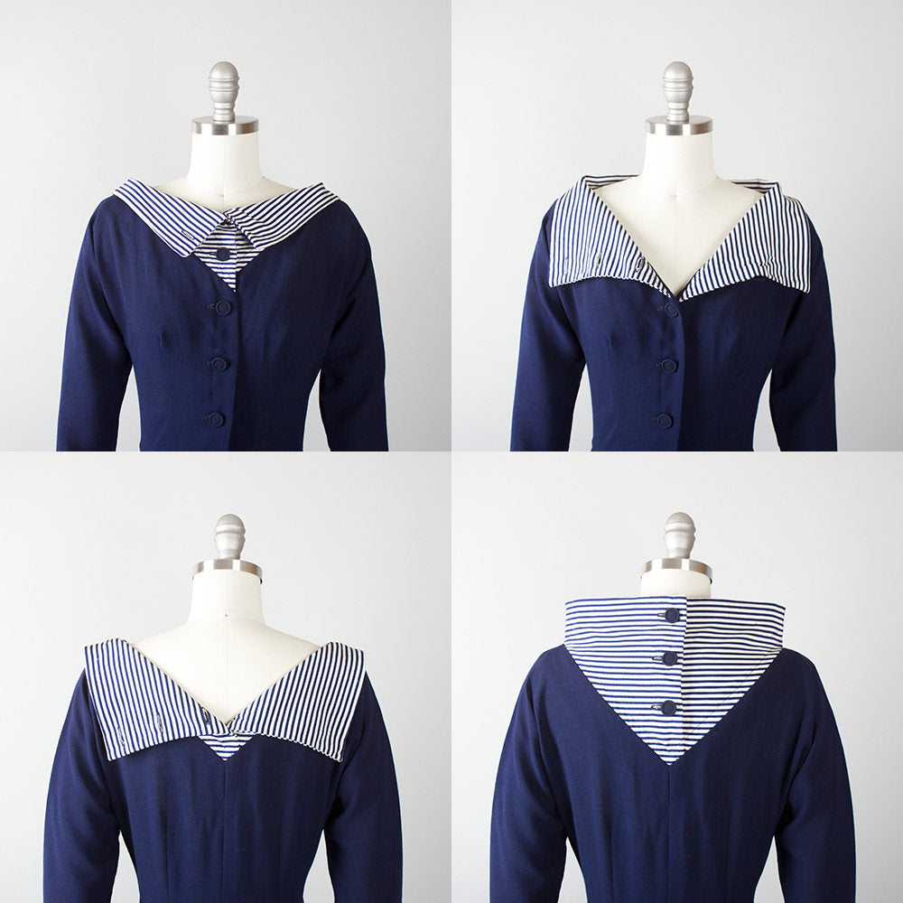 Vintage 1950s Dress | 50s Wool Striped Wide Collar Navy Blue Nautical Shirtwaist Wiggle Dress (xs/small)