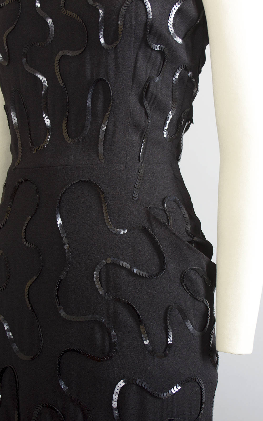 Vintage 1940s Dress | 40s Sequin Soutache Black Rayon Crepe Cocktail Party Wiggle Dress with Pockets (small)