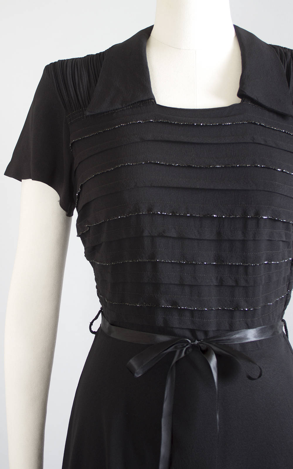 Vintage 1940s Dress | 40s Beaded Black Rayon Pintuck Ruched Full Skirt Cocktail Evening Dress (medium)