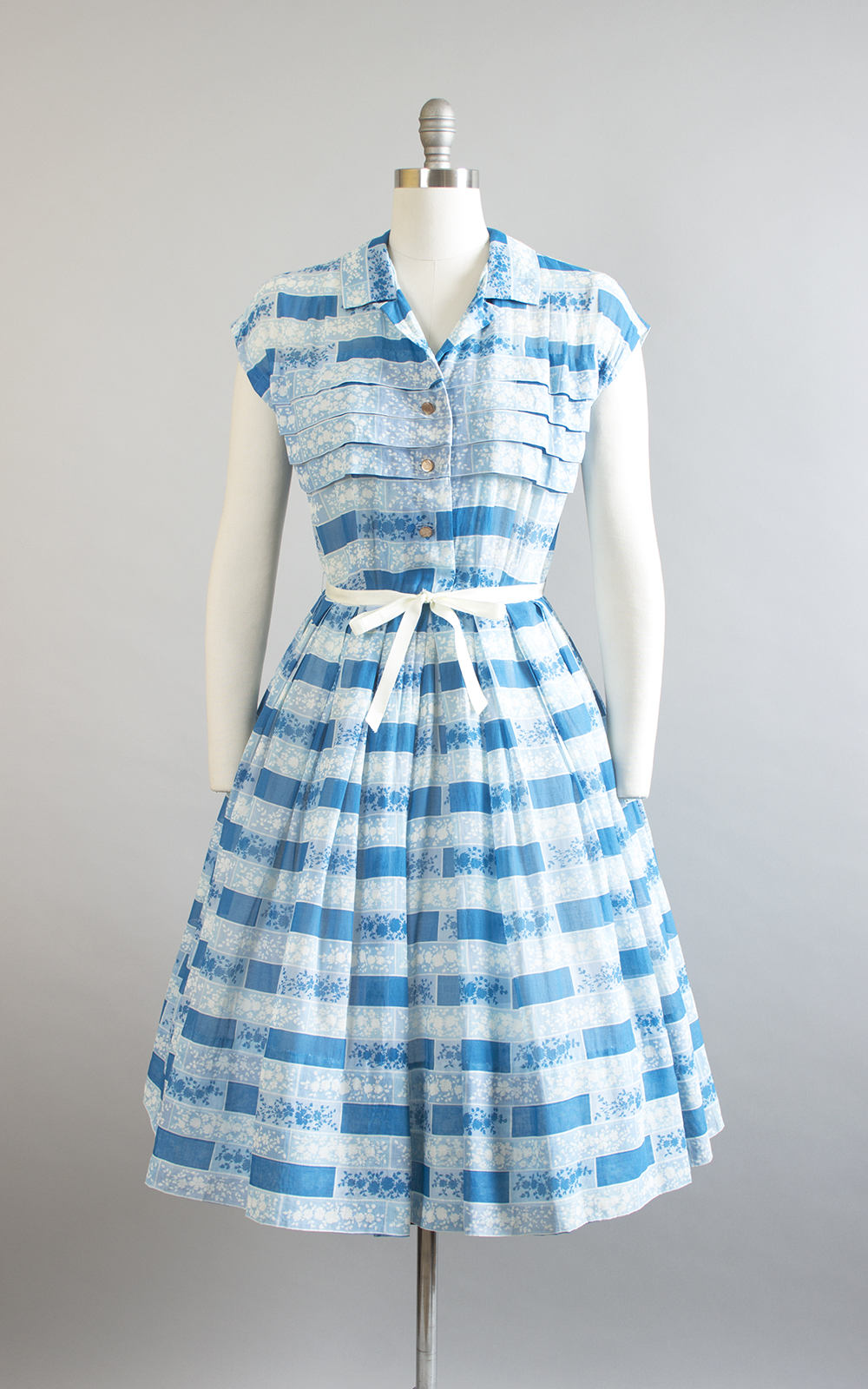 1950s Striped Floral Pintuck Cotton Voile Dress | medium Birthday Life Vintage 1950s Striped Floral Pintuck Cotton Voile Dress | medium Birthday Life Vintage