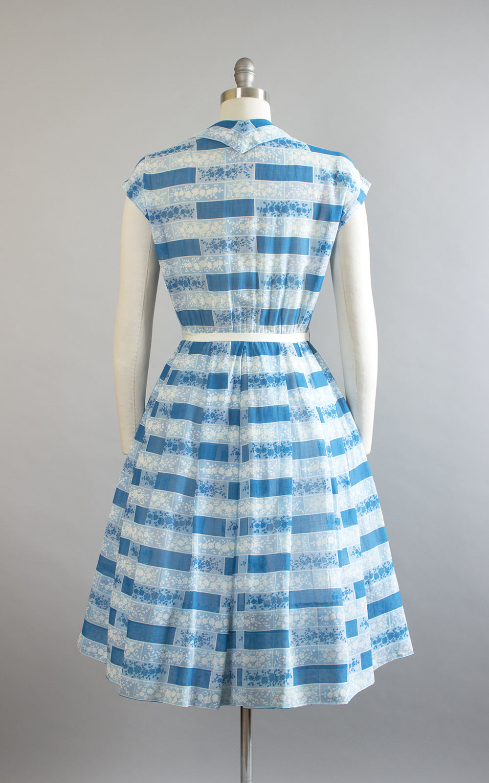 Vintage 1950s Shirt Dress | 50s R&K ORIGINALS Floral Striped Print Blue Cotton Voile Sheer Pintuck Full Skirt Day Dress (medium)