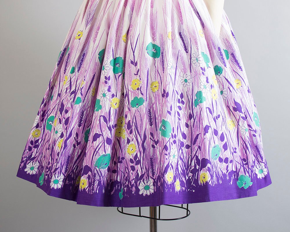 Vintage 1950s Skirt | 50s Floral Wheat Border Print Cotton Printed Purple White Full Swing Skirt (xs)