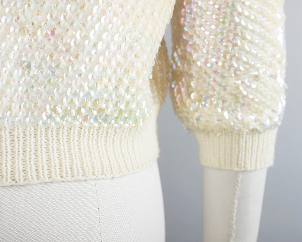 Vintage 1950s 1960s Cardigan | 50s 60s Fully Sequined Knit Wool Cream Cropped Sparkly Sequin Sweater Top (medium/large)