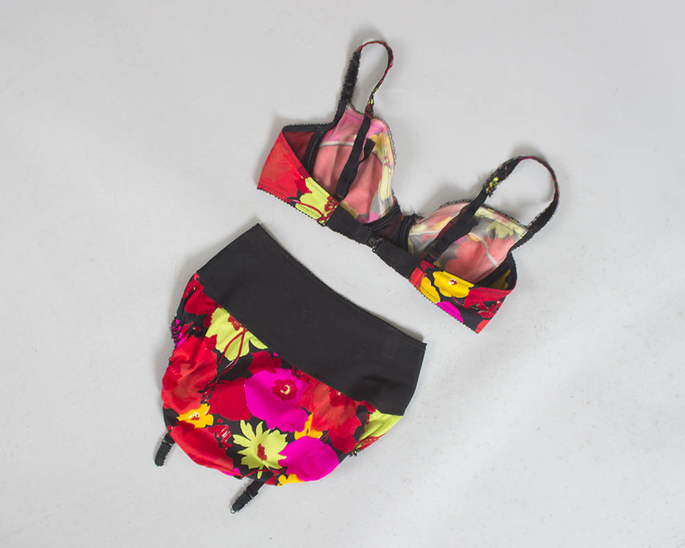 Vintage 1960s Lingerie Set | 60s Floral Print Bra Garters High Waist Panties Matching Set (36C small)