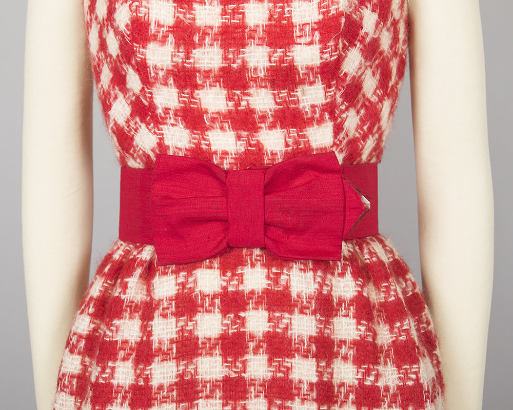 Vintage 1960s Dress | 60s Mohair Checkered Houndstooth Red Open Back Wiggle Bombshell Cocktail Holiday Party Dress w/ Bow Belt (small)