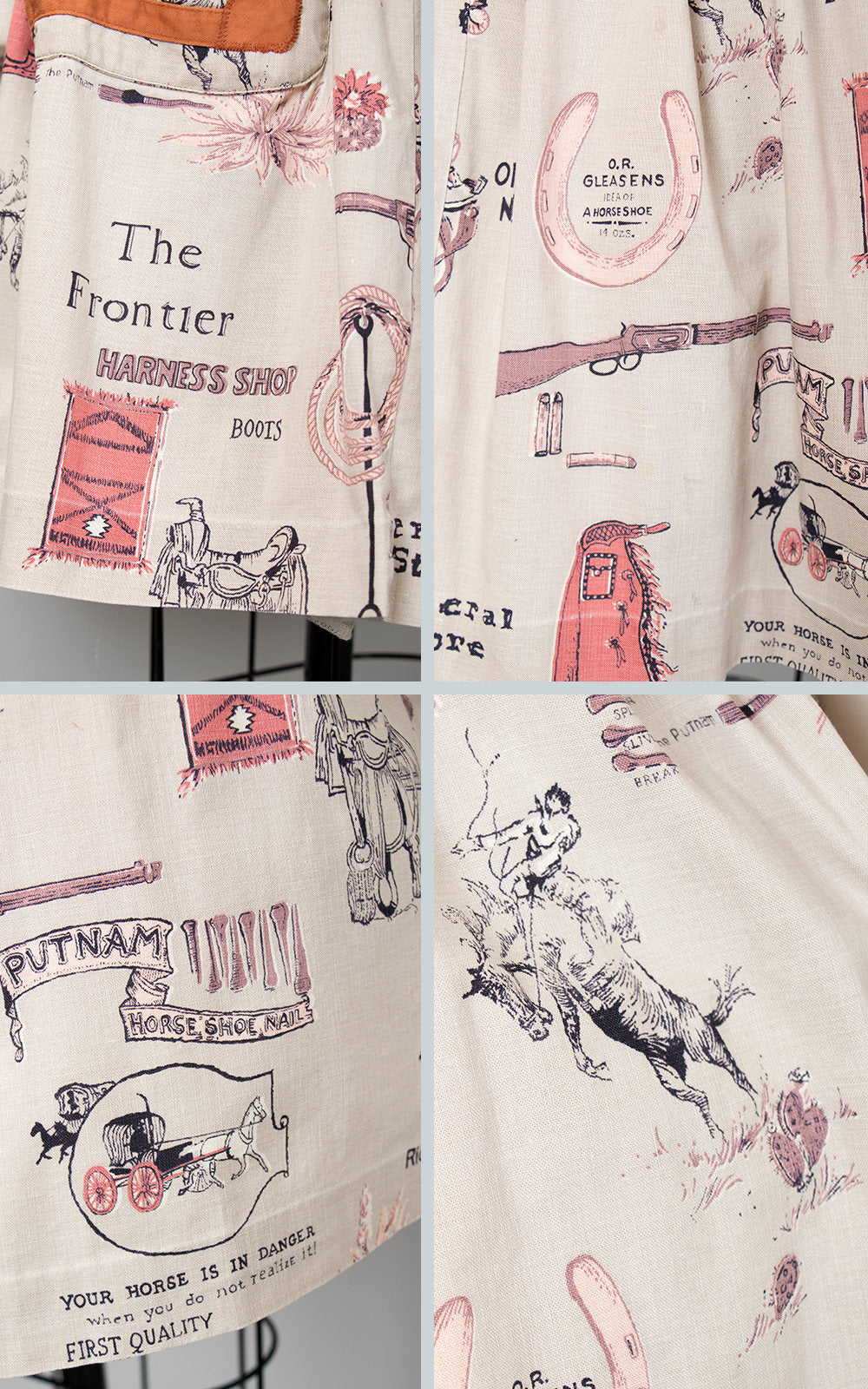 Vintage 1950s Skirt | 50s "Wild West" Novelty Print Skirt Cotton Studded Western Ranch Americana Full Skirt with Pocket (small)