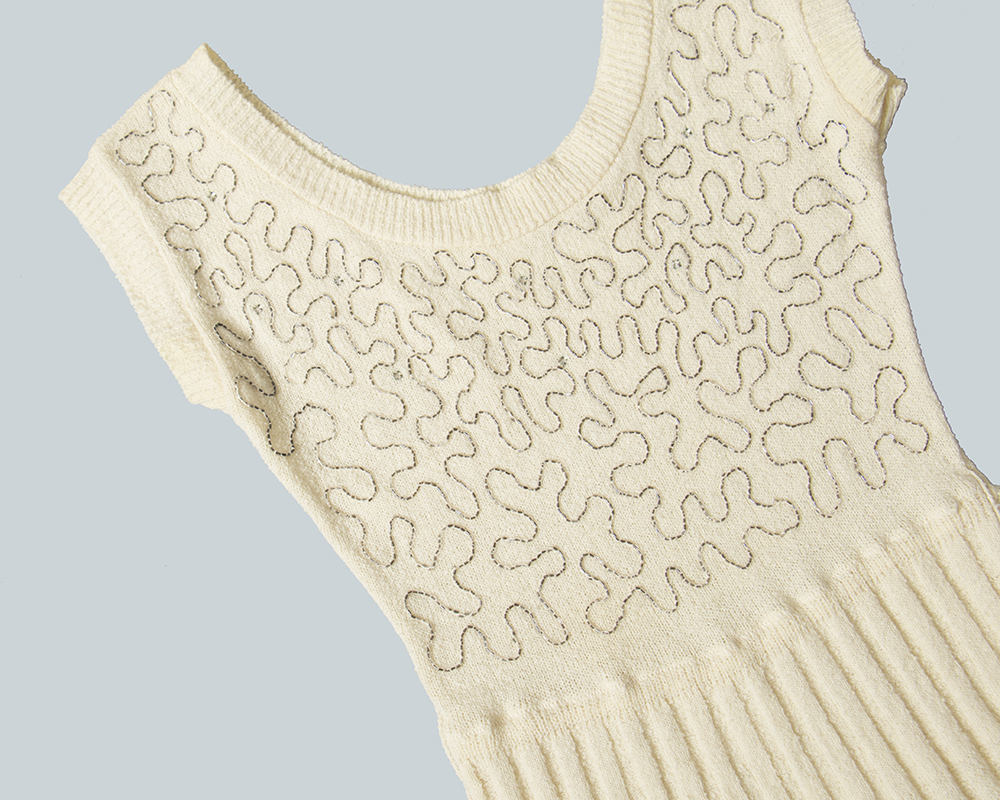 Vintage 1950s Dress | 50s Knit Wiggle Dress Soutache Beaded Rhinestone Cream Sweater Dress (small/medium)