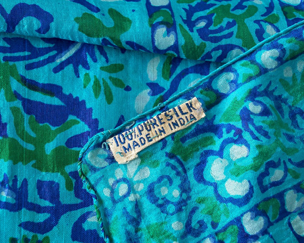 Vintage 1970s Scarf | 70s Indian Silk Floral Print Teal Blue Long Turban Scarf