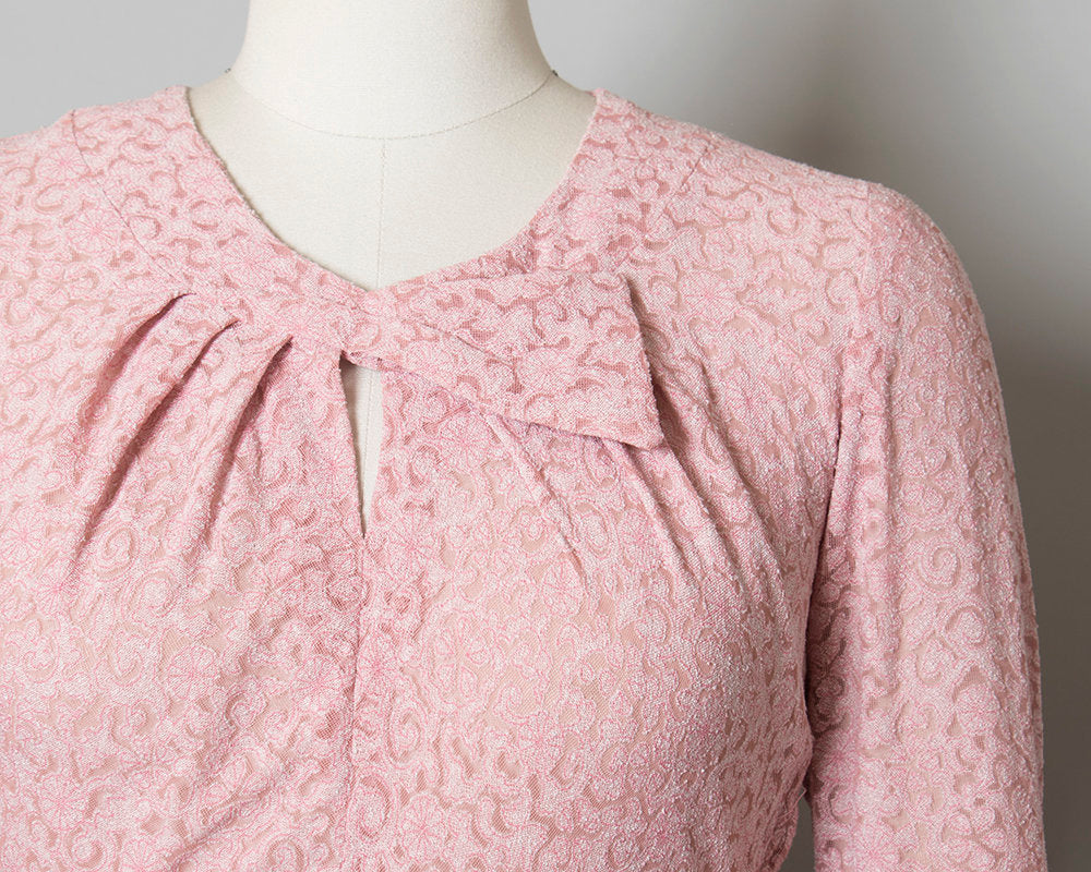 Vintage 1940s Dress | 40s Pink Sheer Floral Rayon Net Wiggle Dress (medium)
