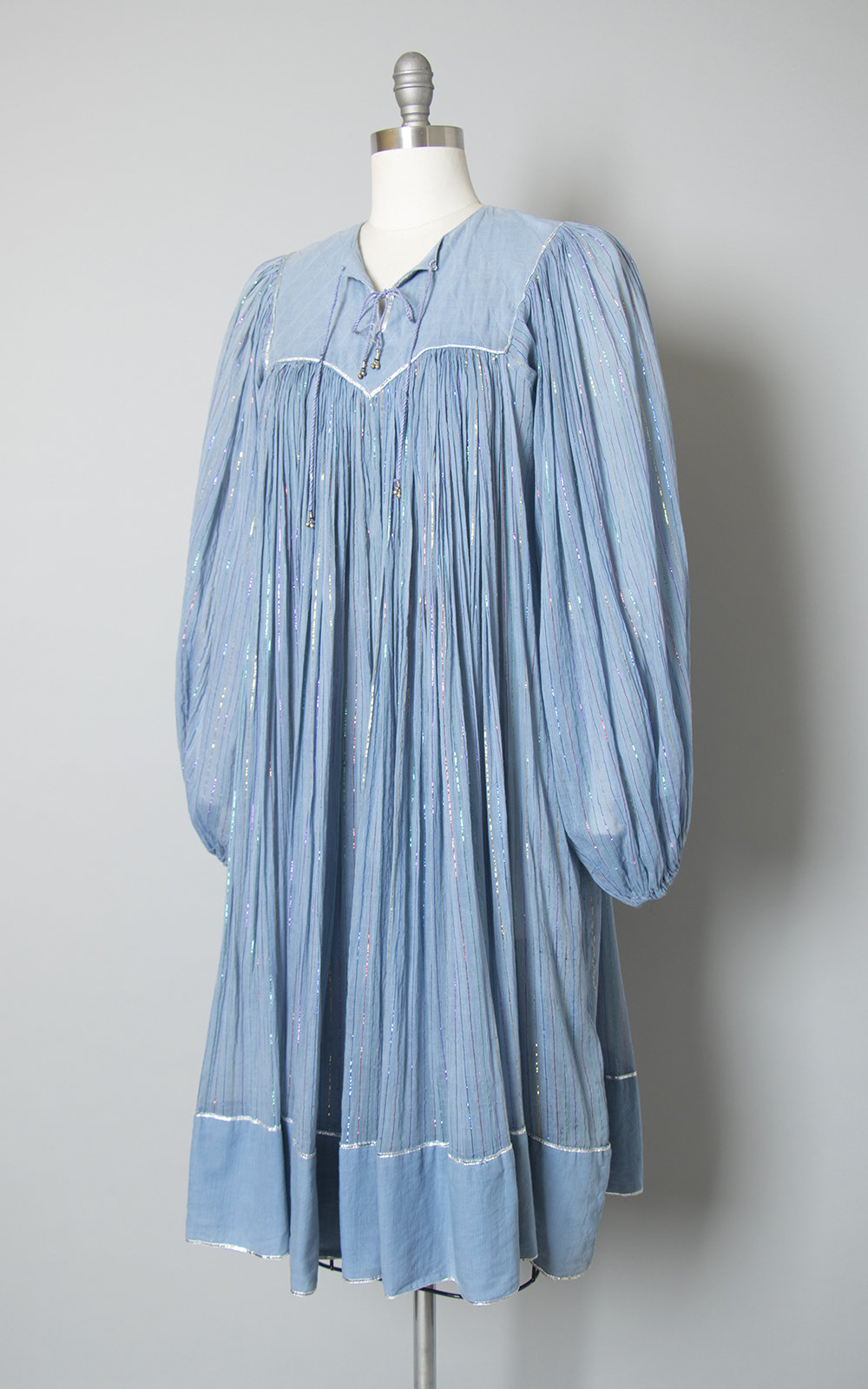 Vintage 1970s Dress | 70s KAISER India Cotton Gauze Metallic Striped Light Blue Sheer Long Sleeve Boho Dress (small/medium/large)