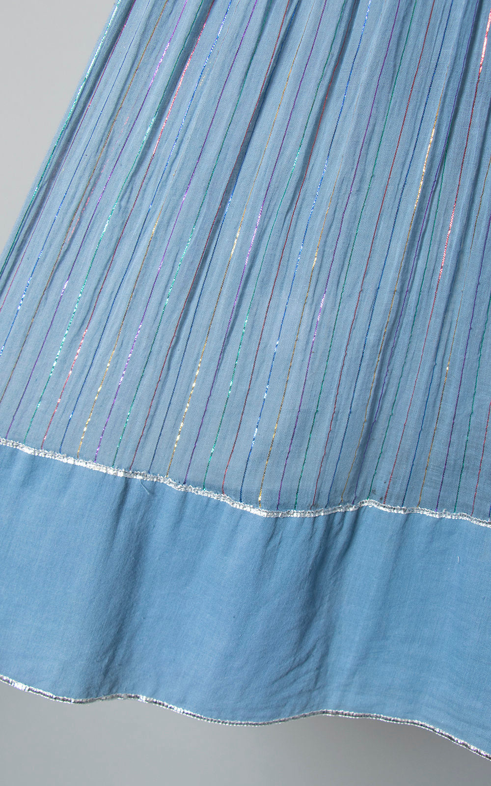 Vintage 1970s Dress | 70s KAISER India Cotton Gauze Metallic Striped Light Blue Sheer Long Sleeve Boho Dress (small/medium/large)