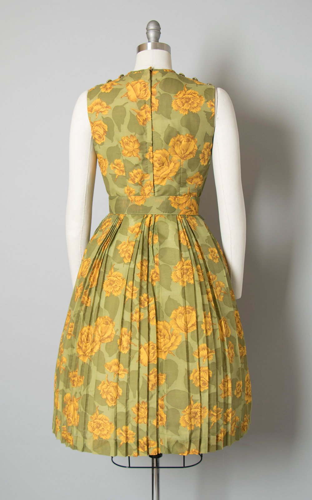 Vintage 1960s Dress | 60s Rose Floral Print Sundress Cotton Yellow Green Pleated Full Skirt Matching Belt Day Dress (small)