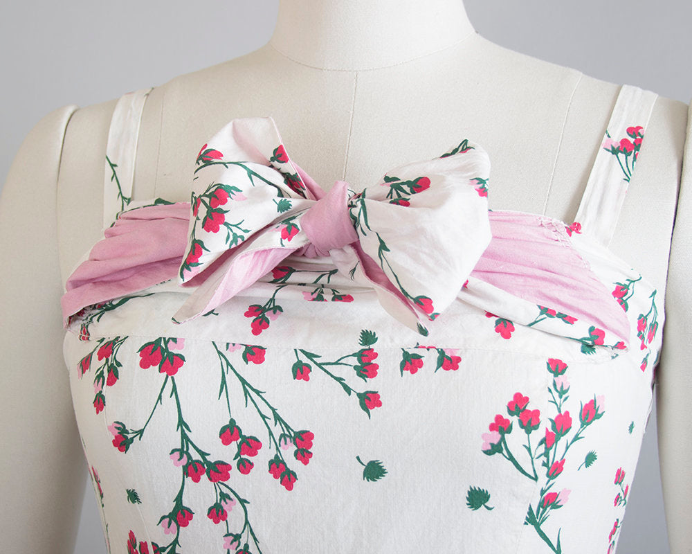 Vintage 1950s Dress | 50s Cherry Blossom Floral Print Cotton Sundress Criss Cross Halter White Pink Full Skirt Day Dress (small)