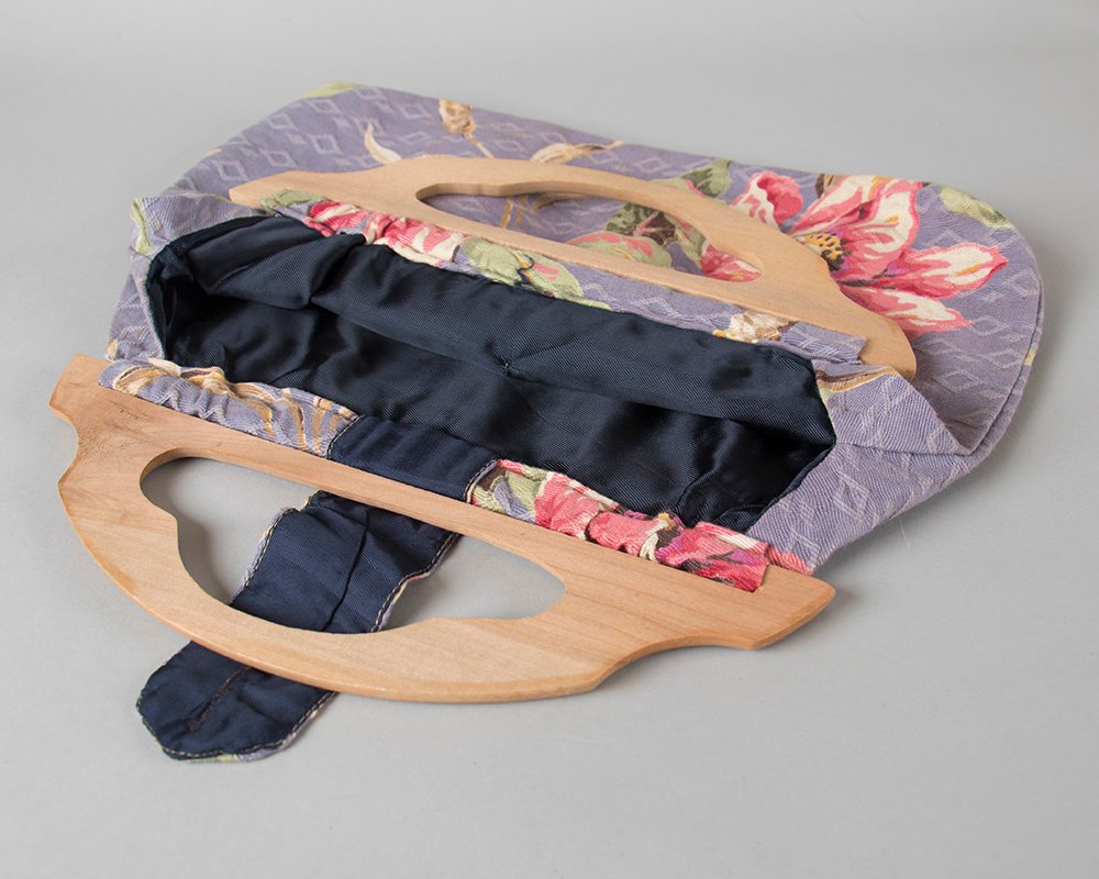 Vintage 1940s Purse | 40s Floral Cotton Wood Handle Handbag Purple Pink Topical Hawaiian Tiki Knitting Bag