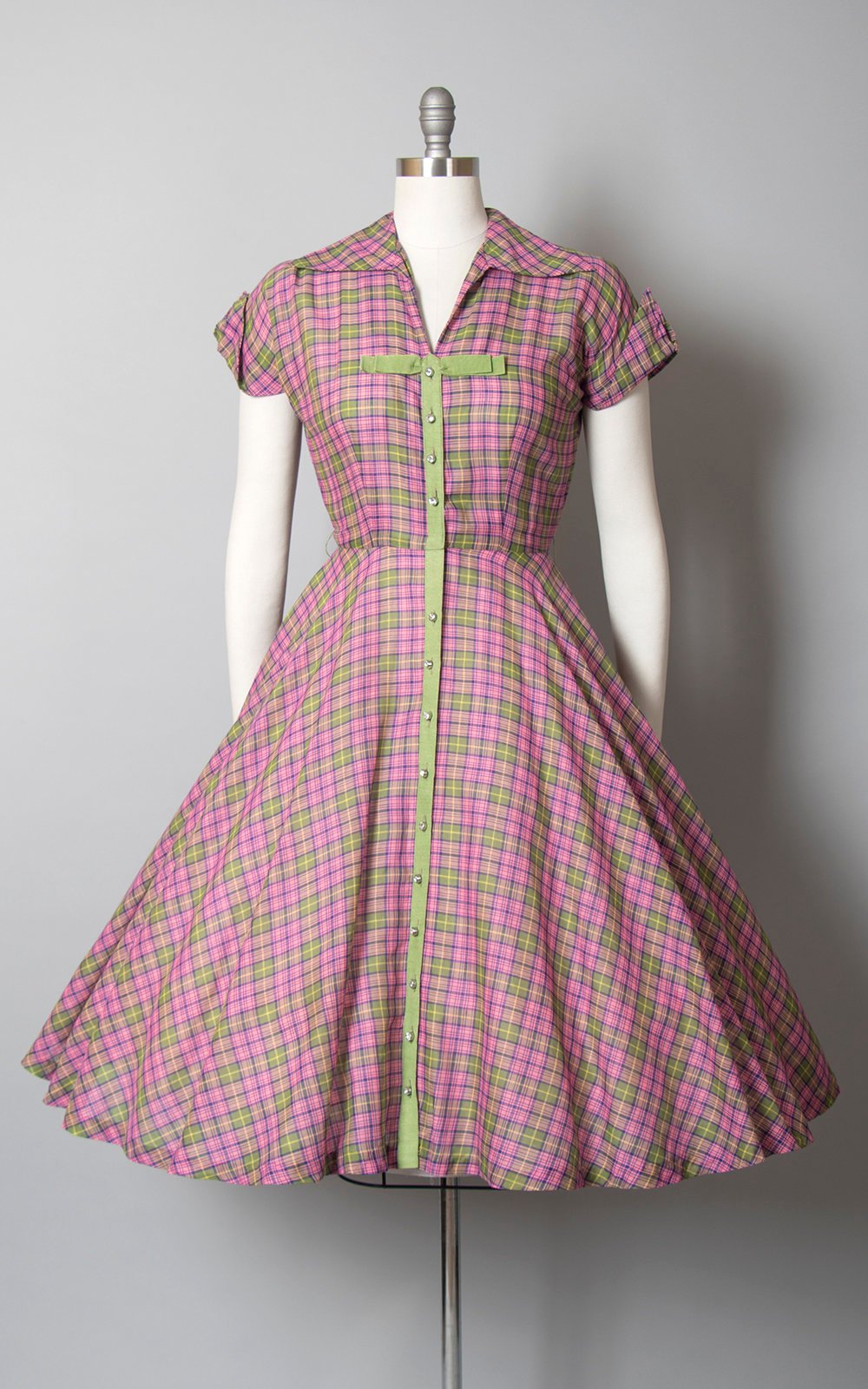 1950s Plaid Cotton Rhinestone Button Shirt Dress | small Birthday Life Vintage 1950s Plaid Cotton Rhinestone Button Shirt Dress | small Birthday Life Vintage