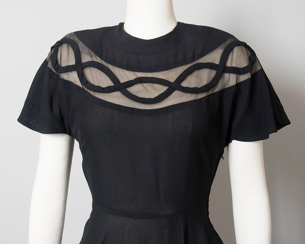 Vintage 1940s Blouse | 40s Black Rayon Nude Illusion Asymmetrical Peplum Evening Cocktail Top (medium)